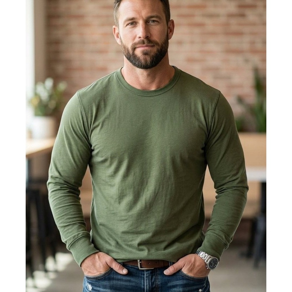 American Giant Slub Crew Long Sleeve T-Shirt Mens L Green Cotton Tee